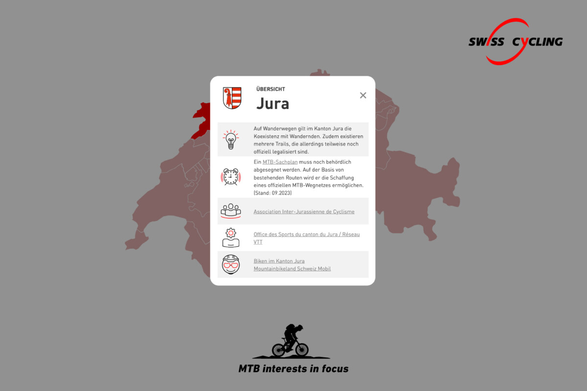 Die MTB-Karte bietet einen Überblick über die Situation und Besonderheiten in den Kantonen, Informationen zu politischen Aktualitäten, zu Ansprechpersonen in den kantonalen Verwaltungen und Kontaktangaben von Vereinen sowie zu empfehlenswerten Infrastrukturen. 