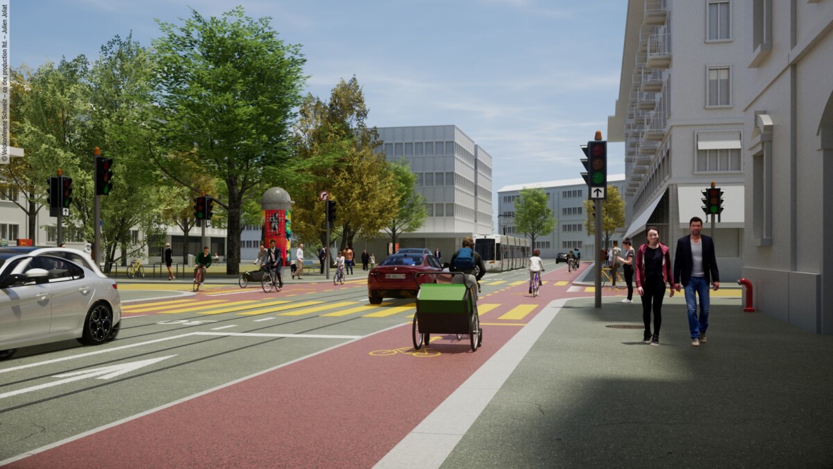 Velofahrende, die auf Radwegen in einem Stadtraum fahren