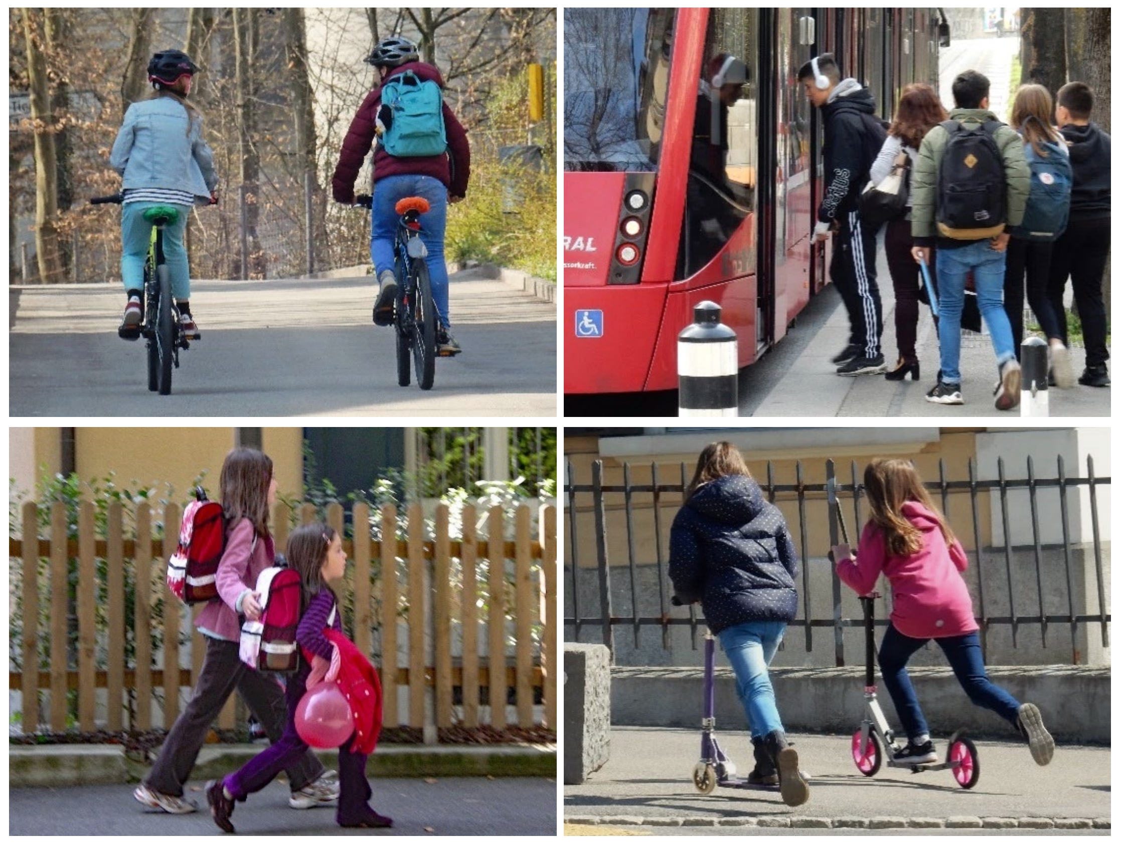 Kinder und Jugendliche unterwegs in verschiedenen Verkehrsmitteln